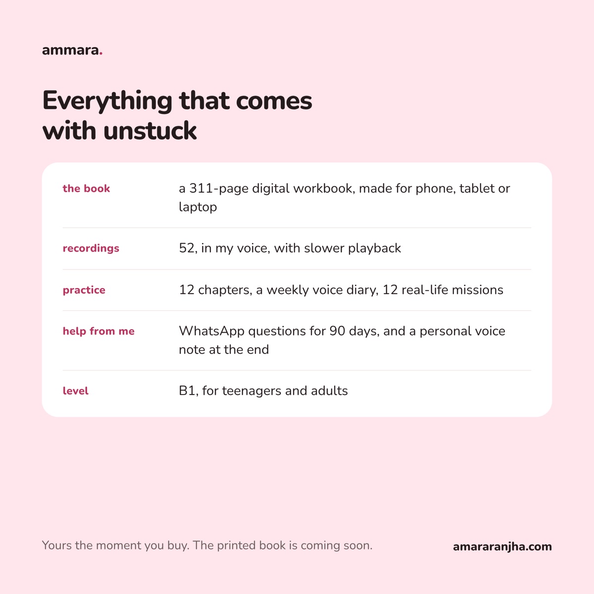 Everything that comes with unstuck: a 311-page digital workbook, 52 recordings, 12 chapters, a weekly voice diary and 12 missions